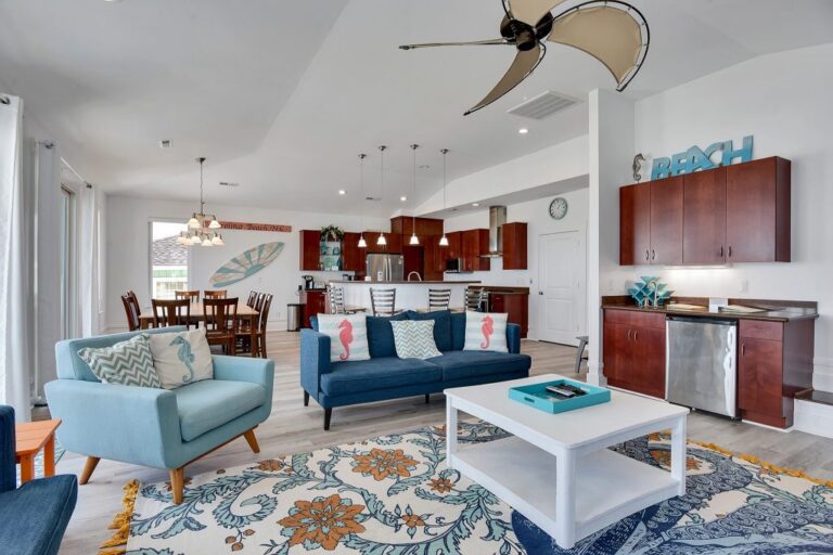 The beachy designed interior of The Salty Seahorse vacation rental.