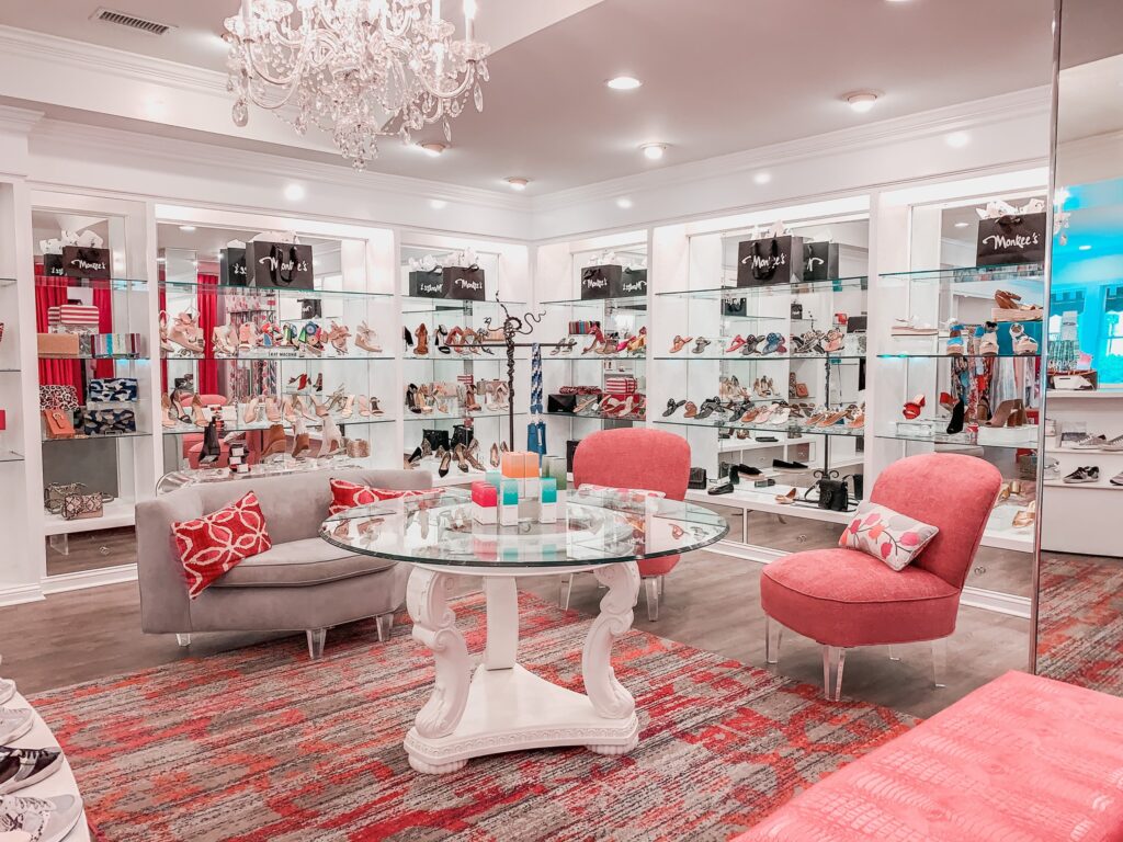 interior picture of shoe section in Monkees of Wilmington, lots of pink colors; one of the 8 boutiques in Wilmington that we love