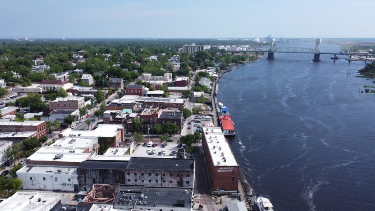 drone picture of downtown Wilmington North Carolina Memorial Bridge and the Cape Fear River