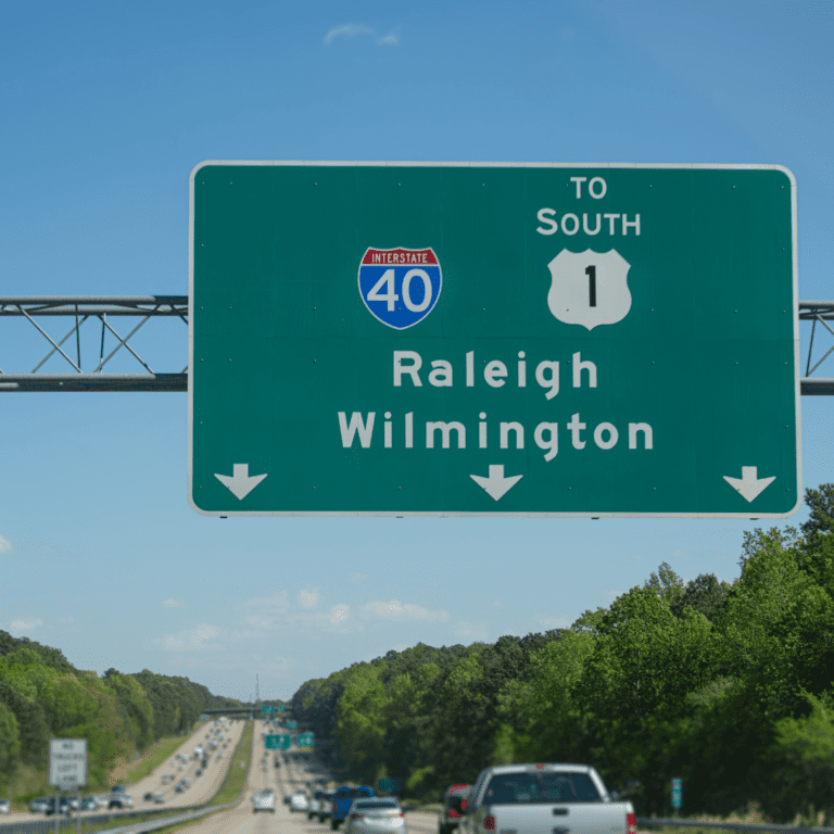 US highway sign depicting Raleigh and Wilmington straight ahead 7 businesses putting Wilmington on the map Arth in Action