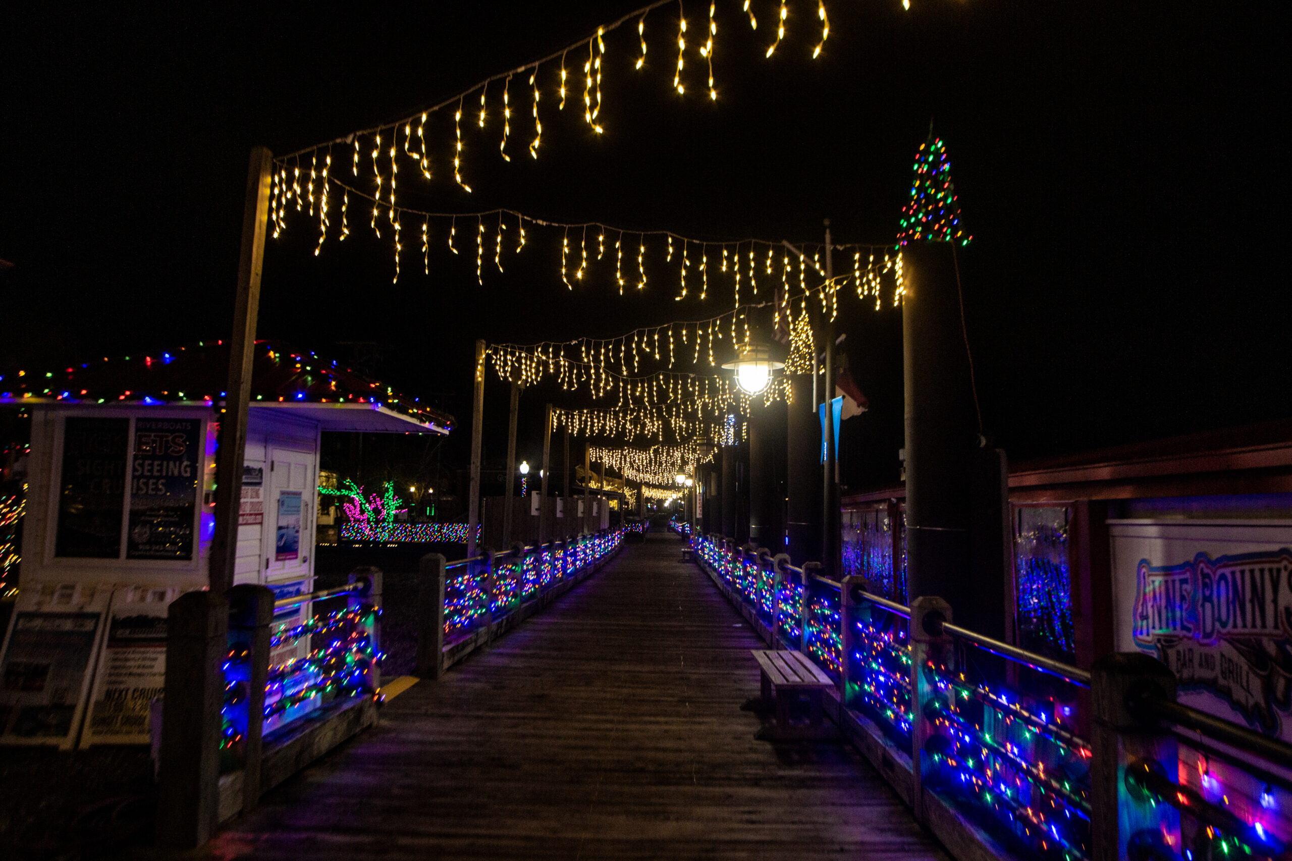 Holiday lights on a pier by Wilmington, NC for the Battle of the Bulbs competition