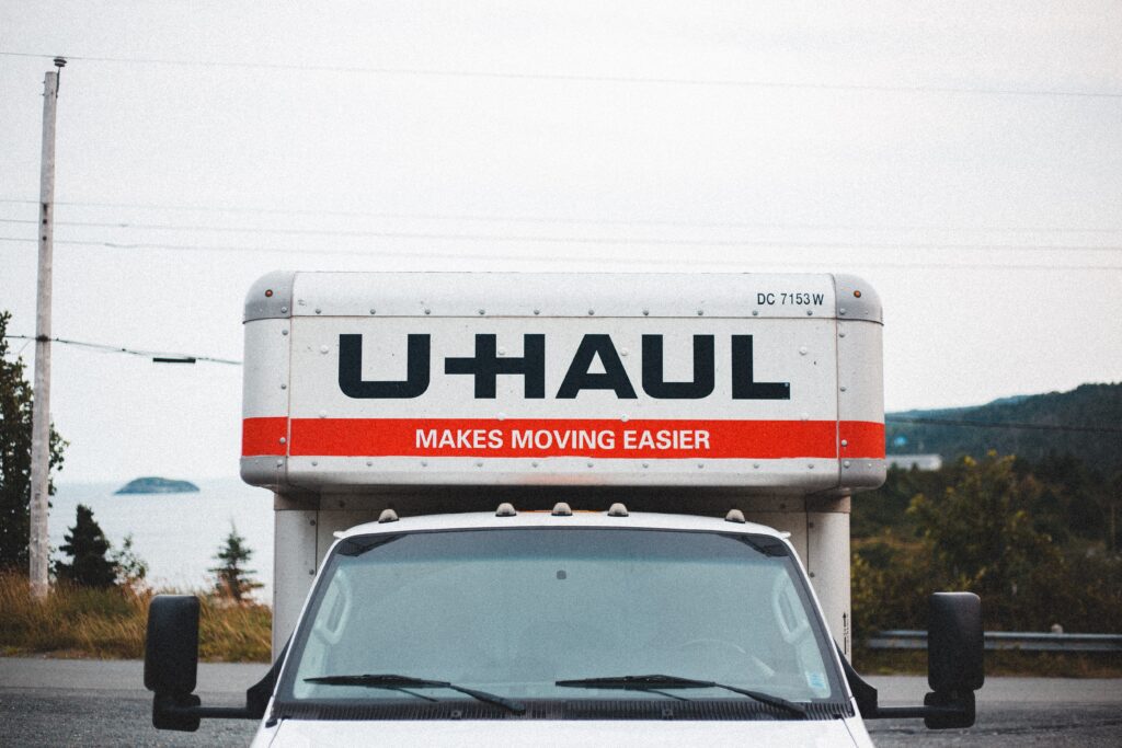 front view of a UHaul truck