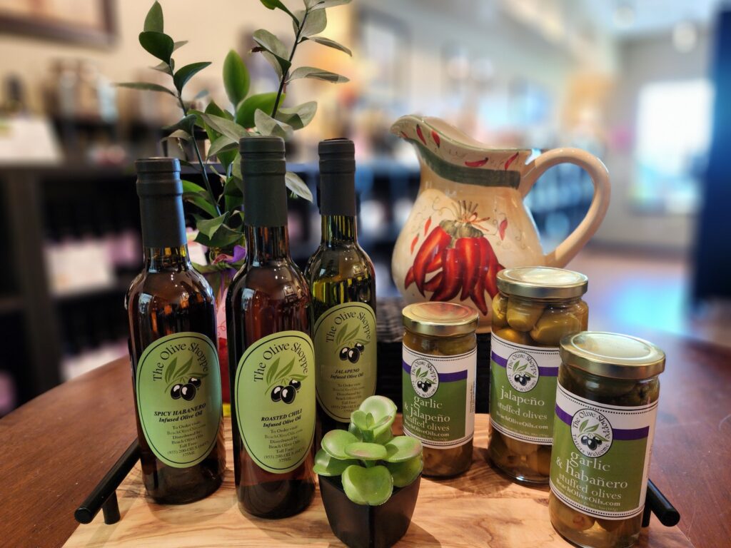 Oils and pickled garlic from The Olive Shoppe in Downtown Wilmington's The Cotton Exchange