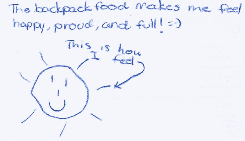 A child's drawing expressing gratitude for volunteers in Wilmington, NC: "This backback food makes me feel happy, proud, and full!"