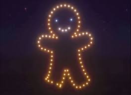 Gingerbread man made of Holiday Drone lights over the Wilmington Riverwalk