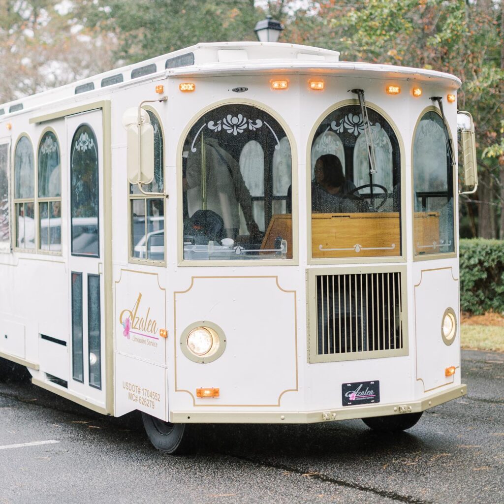 Front of white and gold trolley, Azalea Limousine Service, Wilmington, NC